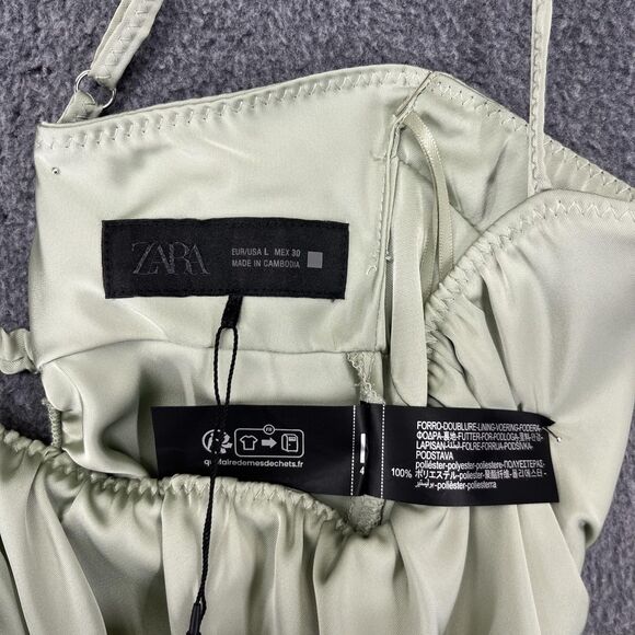 Zara Dress Womens Large Green Satin Ruched Midi Sleeveless Slit Elegant NWT L30 - Picture 12 of 16